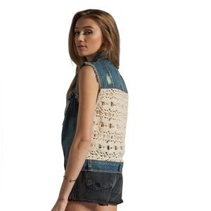 Free People Distressed Macrame Denim Vest Small Boho Cowgirl Rodeo Western